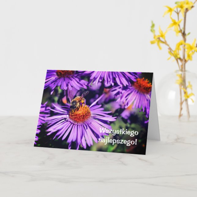 Polska födelsedagen Sto Lat Bee Aster Flower Kort (Gul blomma)