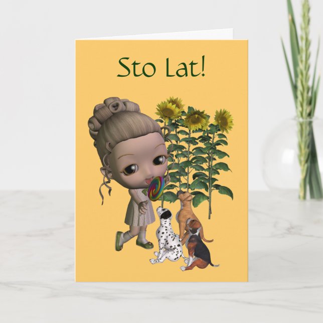 Polska födelsedagskort Sto Lat Girl and Puppies Kort (Framsida)