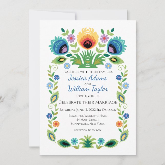 Polska Folk Flowers Lavender och Gult Inbjudningar (Framsida)