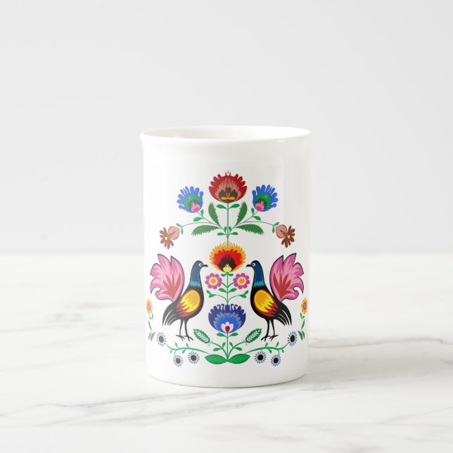 Polska Folk med dekorativa blommigt & ungtuppar Benporslin Mugg (Framsidan)