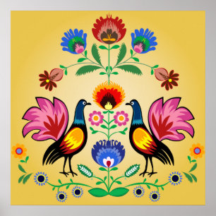 Polska Folk med dekorativa blommigt & ungtuppar Poster