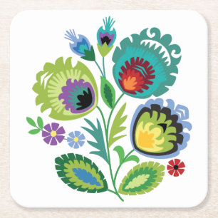 Polska folkblommor Grönt Underlägg Papper Kvadrat