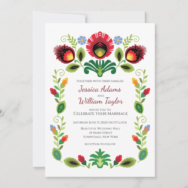 Polska folkblommor Röda bröllopsinbjudan Inbjudningar (Framsida)