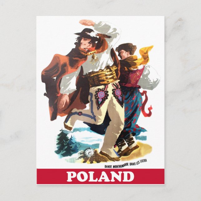 Polska folkmusikdansare, vintage resor vykort (Framsida)