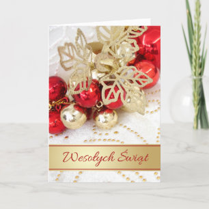 Polska Jul Red Guld Baubles Löv Helgkort