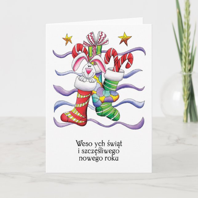 Polska - julklapp med kanin och gåvor helgkort (Framsida)