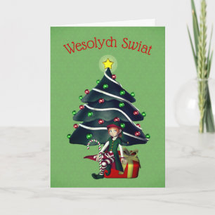 Polska julljettkort Flicka Elf Träd Helgkort
