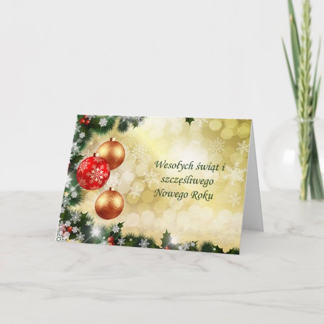 Polska kronor, nyår - baubles, snöflingor helgkort (Framsida)