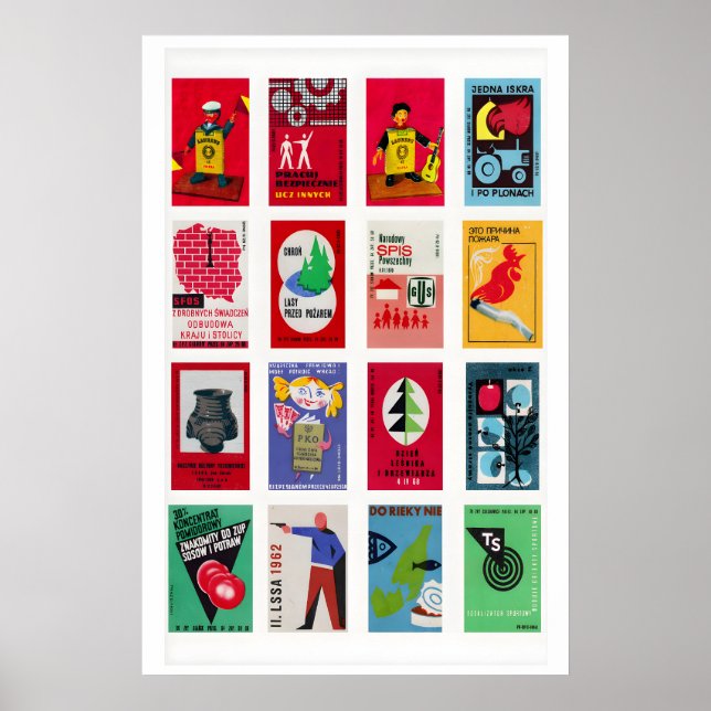 Polska tändsticksförpackningsetiketter Grid Print, Poster (Framsidan)