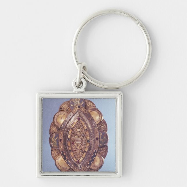 Polylobed ellipsformig reliquary fyrkantig silverfärgad nyckelring (Framsidan)