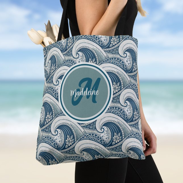 Polynesian Beach Waves and Flowers Ocean Pattern Tygkasse (Skapare uppladdad)
