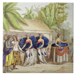 Polynesian dansflickor som inristas av A. Bernati Kakelplatta