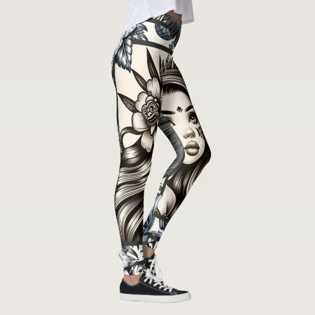 Polynesien Princess Blue Blommigt Tribal Leggings (Höger)