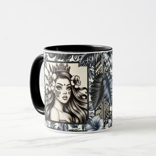 Polynesien Princess Blue Blommigt Tribal Mugg (Framsida vänster)
