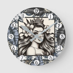 Polynesien Princess Blue Blommigt Tribal Rund Klocka