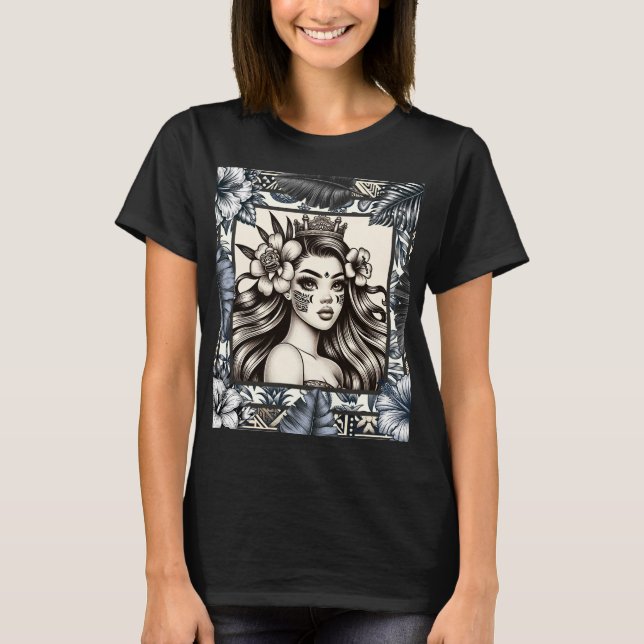 Polynesien Princess Blue Blommigt Tribal T Shirt (Framsida)