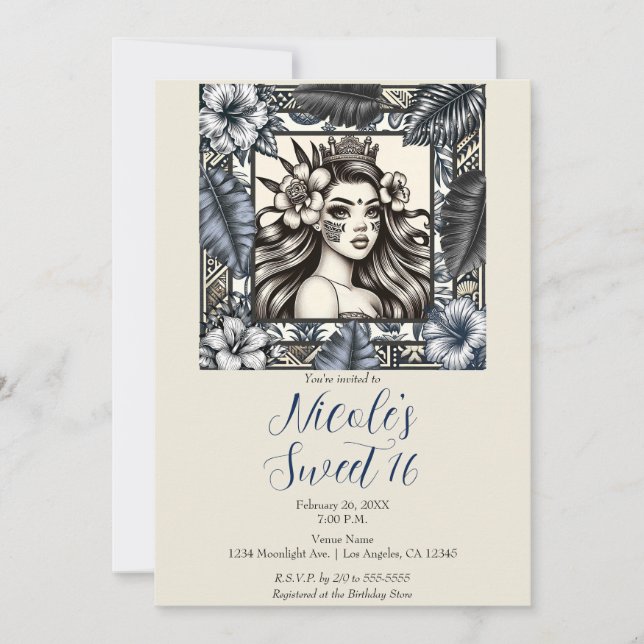 Polynesisk prinsessa Blå Blommig Stam Sweet 16  Inbjudningar (Framsida)