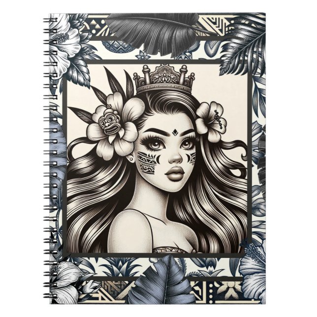 Polynesisk Prinsessa Blommig Tribalblå Anteckningsbok (Framsidan)