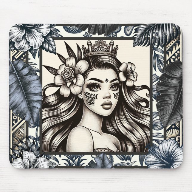 Polynesisk prinsessa Blommig tribalblå Musmatta (Framsidan)