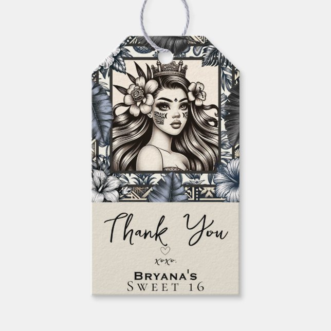 Polynesisk prinsessa Blue Blommigt Tribal Birthday Presentetikett (Framsidan)