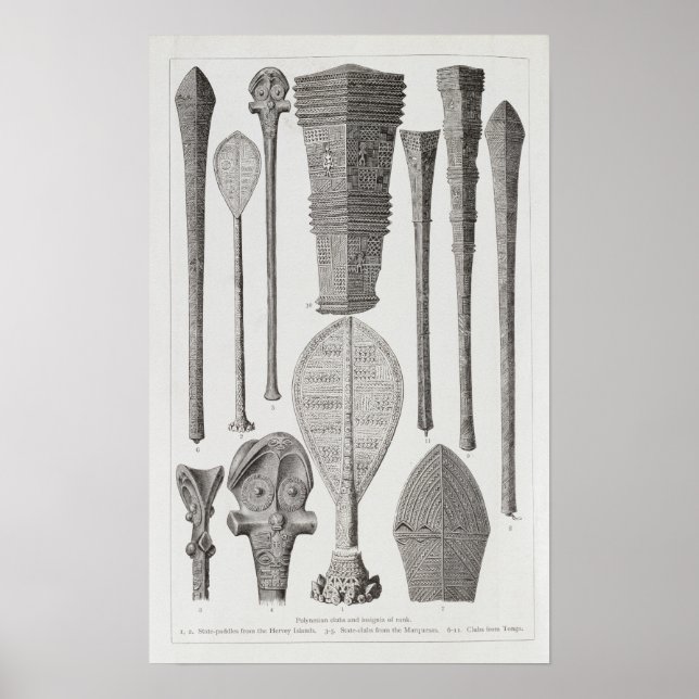 Polynesiska klubbar och insignier av rang poster (Framsidan)