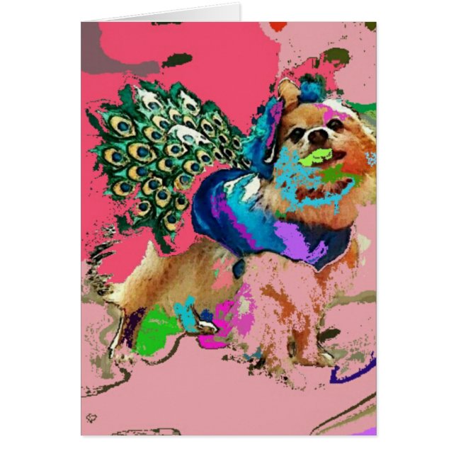 Pom är en rosa påfågel hälsningskort (Framsidan)