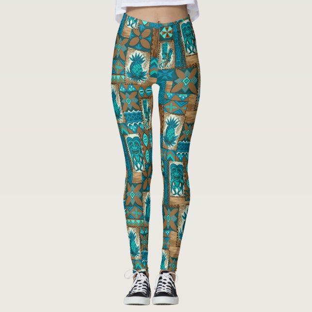 Pomaika’i Tiki Hawaiian Vintage Tropical Tapa Leggings (Framsida)