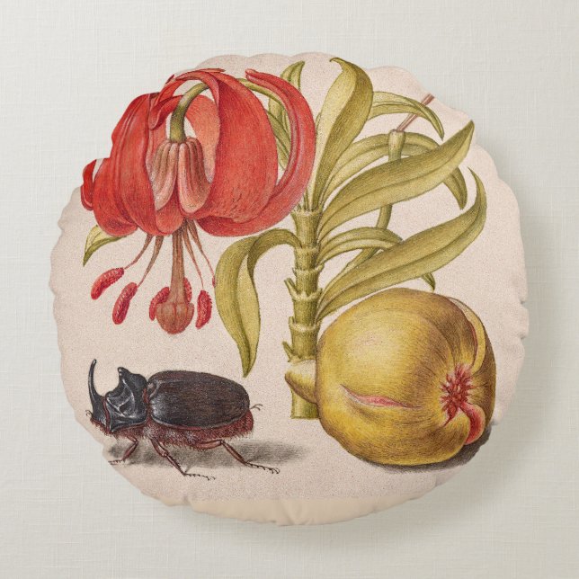 Pomegranat Flower, Fruit and Rhinoceros Beetle Rund Kudde (Framsidan)