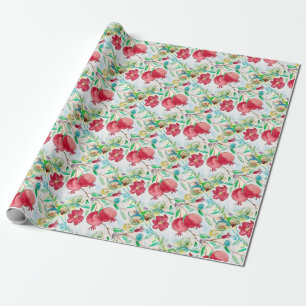 Pomegranat, löv, vattenfärgad fruktträdgård i möns presentpapper