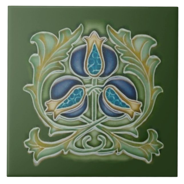Pomegranat Repro Tile Blues & Grönts från Art nouv Kakelplatta (Framsidan)