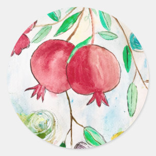 Pomegranat - vattenfärg konstgjord tropiska runt klistermärke