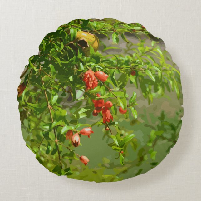 Pomegranatdesign för Orange av tropisk Grönt Rund Kudde (Framsidan)
