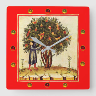 POMEGRANATE TRÄD MEDIEVAL MINIATURE ,Gemstones,Red Fyrkantig Klocka