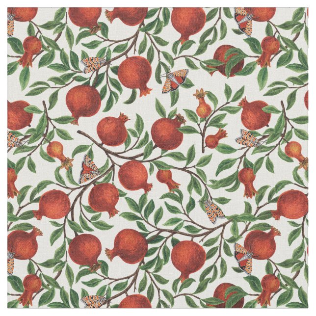 Pomegranater och Bella Moths på benvita Tyg (Närbild)