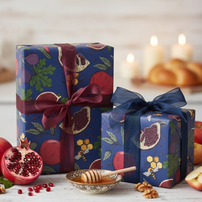Pomegranates, Figs and Honey Bees Navy Blue Presentpapper (Elegant Navy Blue Pomegranates, Figs,  Honeycomb, Honey Bees Wrapping Paper for Jewish New Year )