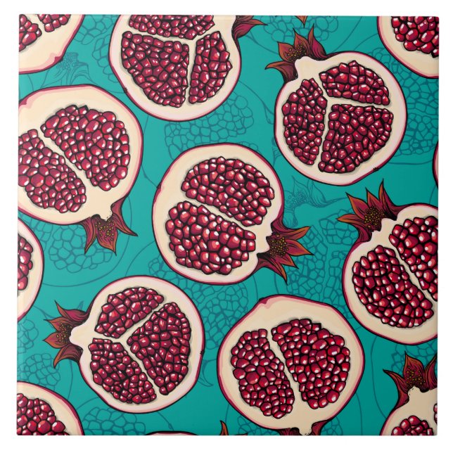 Pomegranatskivor på turkos kakelplatta (Framsidan)