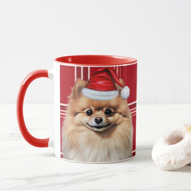 Pomeranian-älskares röda julrutiga Pommern Mugg (Med munk)