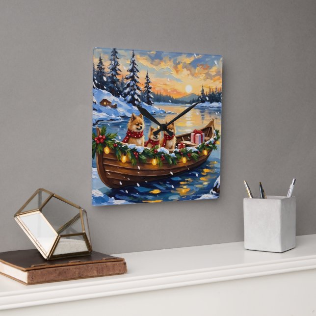 Pomeranian Christmas Boat Holiday Fyrkantig Klocka (Kontor)