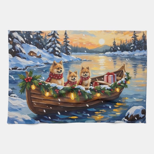 Pomeranian Christmas Boat Holiday Kökshandduk (Horisontell)