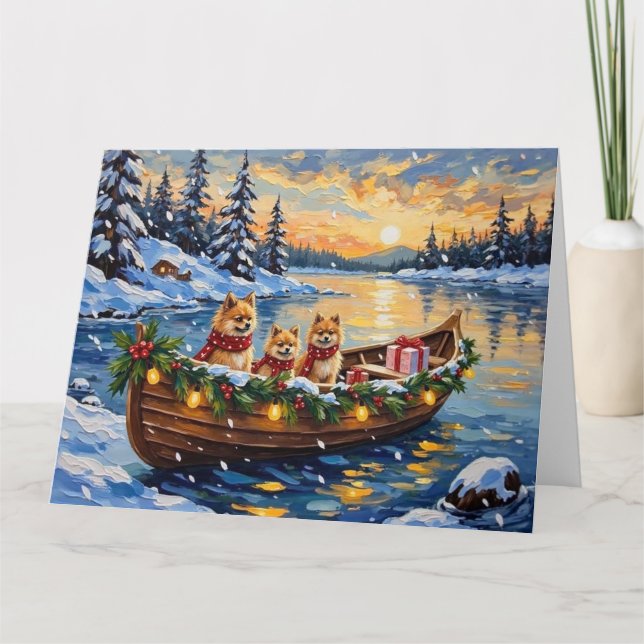 Pomeranian Christmas Boat Holiday Kort (Framsida)