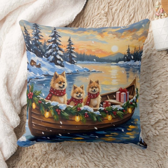 Pomeranian Christmas Boat Holiday Kudde (Filt)