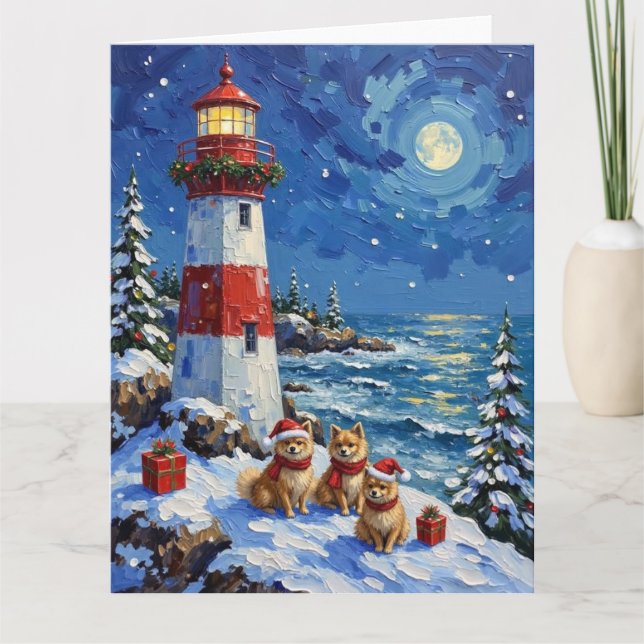 Pomeranian Christmas Lighthouse Holiday Kort (Framsida)