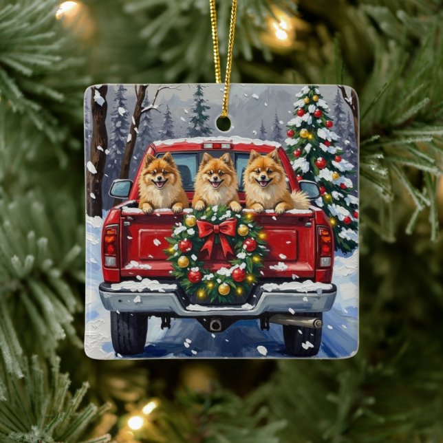 Pomeranian Christmas Red Truck Holiday Gift Julgransprydnad Keramik (Träd)