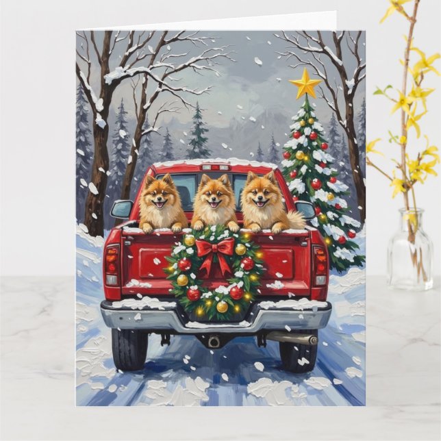 Pomeranian Christmas Red Truck Holiday Gift Kort (Gul blomma)