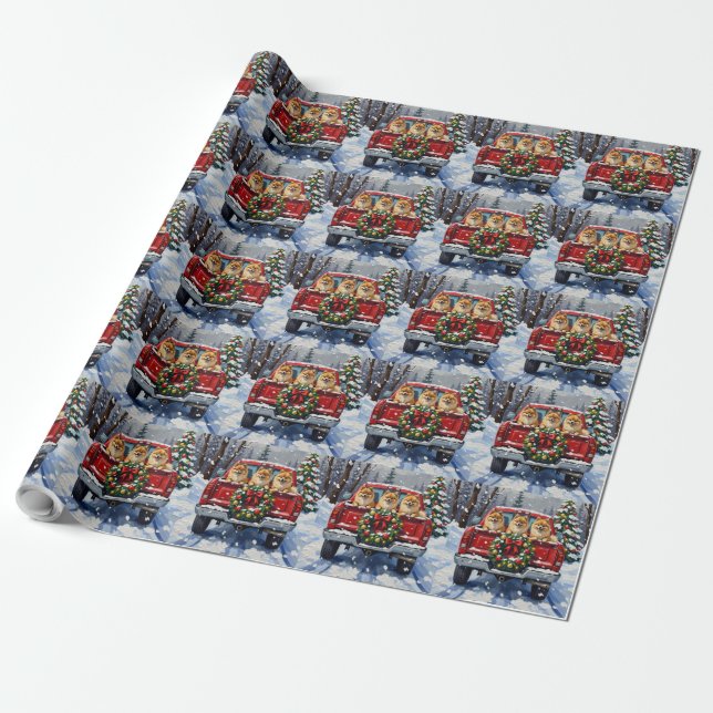 Pomeranian Christmas Red Truck Holiday Gift Presentpapper (Utrullad)