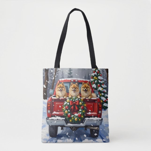 Pomeranian Christmas Red Truck Holiday Gift Tygkasse (Framsida)