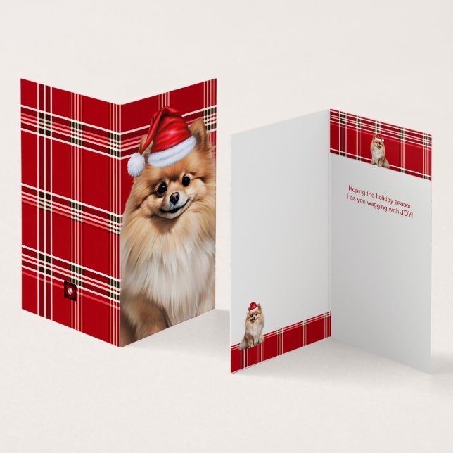 Pomeranian Dog Holiday Red Plaid Christmas Kort (In- och utsida)