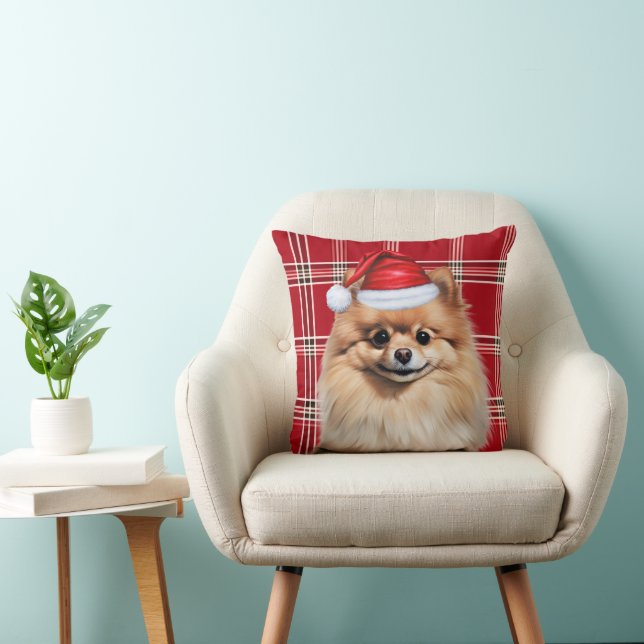 Pomeranian Dog Red Plaid Christmas Holiday Kudde (Stol)