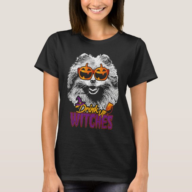 Pomeranian Drink Up Witches Halloween T Shirt (Framsida)
