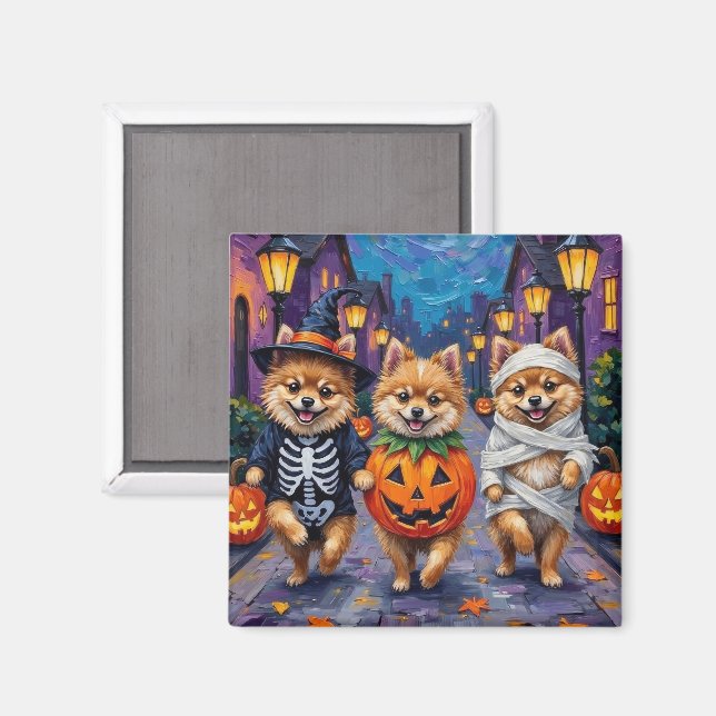 Pomeranian eller bus eller godis i Halloween-kosty Magnet (Front/Back)